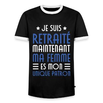 Je suis retraité maintenant ma femme es mon patron - T-shirt contrasté Homme - noir/blanc - Devant - AI Model Female 172 light (172cm) & AI Model Male 178 light (178cm)