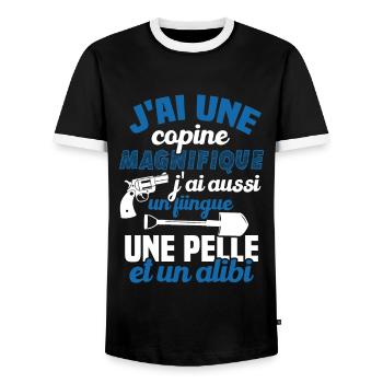 J'ai une Copine Magnifique - Flingue, Pelle, Alibi - T-shirt contrasté Homme - noir/blanc - Devant - AI Model Female 172 light (172cm) & AI Model Male 178 light (178cm)