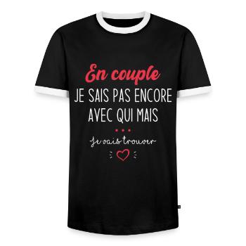 Cadeau en couple je sais pas encore avec qui - T-shirt contrasté Homme - noir/blanc - Devant - AI Model Female 172 light (172cm) & AI Model Male 178 light (178cm)