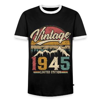 Vintage 1945 Limited Edition Birthday Gift - Men's Ringer Shirt - black/white - Front - AI Model Female 172 light (172cm) & AI Model Male 178 light (178cm)
