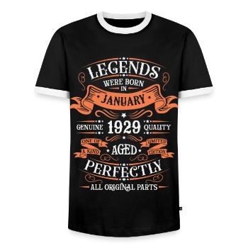 The legends were born in January 1929 gift - Men's Ringer Shirt - black/white - Front - AI Model Female 172 light (172cm) & AI Model Male 178 light (178cm)