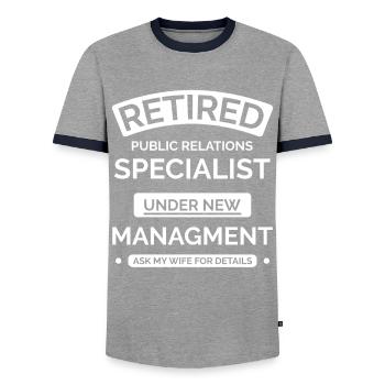 Retired Public Relations Specialist - Men's Ringer Shirt - grey/navy  - Front - AI Model Female 172 light (172cm) & AI Model Male 178 light (178cm)