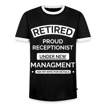 Retired receptionist - Men's Ringer Shirt - black/white - Front - AI Model Female 172 light (172cm) & AI Model Male 178 light (178cm)