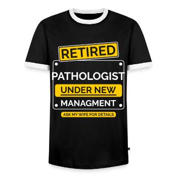 Pathologist Retirement Pension - Men's Ringer Shirt - black/white - Front - AI Model Female 172 light (172cm) & AI Model Male 178 light (178cm)