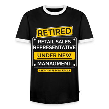 Retail Representative Retirement - Men's Ringer Shirt - black/white - Front - AI Model Female 172 light (172cm) & AI Model Male 178 light (178cm)