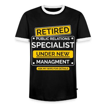 Public Relations Specialist Retirement - Men's Ringer Shirt - black/white - Front - AI Model Female 172 light (172cm) & AI Model Male 178 light (178cm)