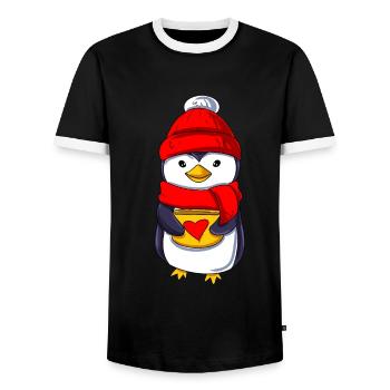 Cute penguin with teacup - Men's Ringer Shirt - black/white - Front - AI Model Female 172 light (172cm) & AI Model Male 178 light (178cm)