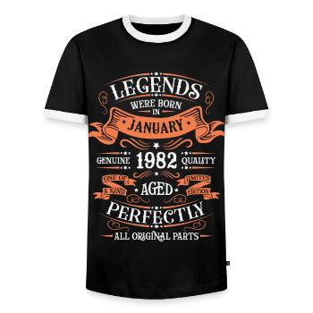 The legends were born in January 1982 gift - Men's Ringer Shirt - black/white - Front - AI Model Female 172 light (172cm) & AI Model Male 178 light (178cm)