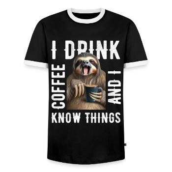 I drink coffee sloth - Men's Ringer Shirt - black/white - Front - AI Model Female 172 light (172cm) & AI Model Male 178 light (178cm)