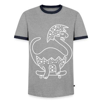 Dinosaur baby on the skateboard skating! - Men's Ringer Shirt - grey/navy  - Front - AI Model Female 172 light (172cm) & AI Model Male 178 light (178cm)