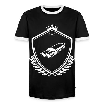 Exhaust tuning coat of arms - Men's Ringer Shirt - black/white - Front - AI Model Female 172 light (172cm) & AI Model Male 178 light (178cm)
