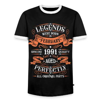 Die Legenden wurden im Februar 1991 geschenkt - Männer Kontrast-T-Shirt - Schwarz/Weiß - Vorne - AI Model Female 172 light (172cm) & AI Model Male 178 light (178cm)