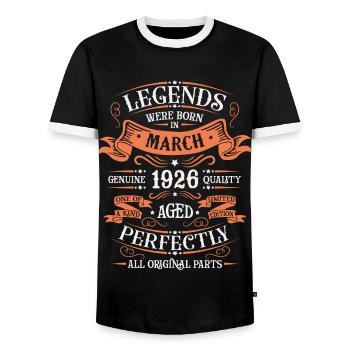 The legends were born in March 1926 gift - Men's Ringer Shirt - black/white - Front - AI Model Female 172 light (172cm) & AI Model Male 178 light (178cm)