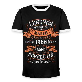 The legends were born in March 1966 gift - Men's Ringer Shirt - black/white - Front - AI Model Female 172 light (172cm) & AI Model Male 178 light (178cm)