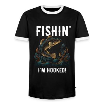 Fishin I'm Hooked Fishing - Men's Ringer Shirt - black/white - Front - AI Model Female 172 light (172cm) & AI Model Male 178 light (178cm)