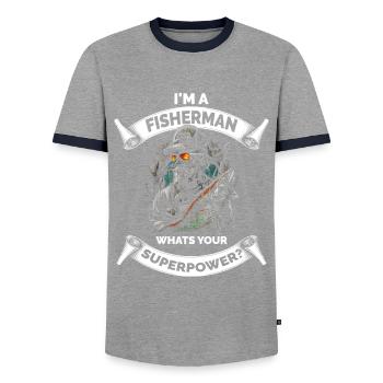 Im a Fisherman Whats Your Superpower - Men's Ringer Shirt - grey/navy  - Front - AI Model Female 172 light (172cm) & AI Model Male 178 light (178cm)