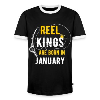 Les rois de la bobine sont nés en janvier Anniversaire des pêcheurs - T-shirt contrasté Homme - noir/blanc - Devant - AI Model Female 172 light (172cm) & AI Model Male 178 light (178cm)