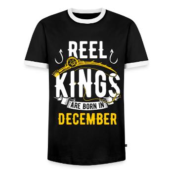 Les rois de la bobine sont nés à l’anniversaire de pêche de Dezember - T-shirt contrasté Homme - noir/blanc - Devant - AI Model Female 172 light (172cm) & AI Model Male 178 light (178cm)
