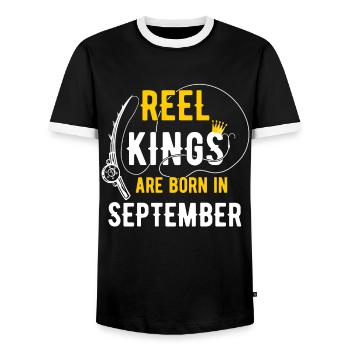 Les rois de la bobine sont nés en septembre Anniversaire de pêche - T-shirt contrasté Homme - noir/blanc - Devant - AI Model Female 172 light (172cm) & AI Model Male 178 light (178cm)