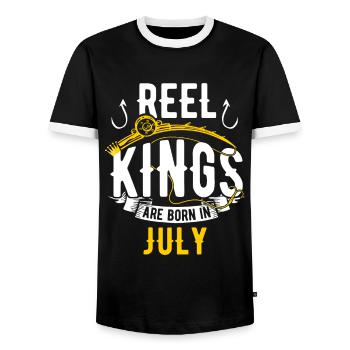 Les rois de la bobine sont nés en juillet Anniversaire de pêche - T-shirt contrasté Homme - noir/blanc - Devant - AI Model Female 172 light (172cm) & AI Model Male 178 light (178cm)