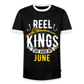 Les rois de la bobine sont nés en juin Anniversaire de pêche - T-shirt contrasté Homme - noir/blanc - Devant - AI Model Female 172 light (172cm) & AI Model Male 178 light (178cm)