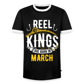 Les rois de la bobine sont nés en mars Anniversaire de pêche - T-shirt contrasté Homme - noir/blanc - Devant - AI Model Female 172 light (172cm) & AI Model Male 178 light (178cm)