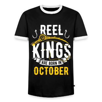 Les rois de la bobine sont nés à Oktober Anniversaire de pêche - T-shirt contrasté Homme - noir/blanc - Devant - AI Model Female 172 light (172cm) & AI Model Male 178 light (178cm)