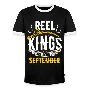 Les rois des moulinets sont nés en septembre Anniversaire de pêche - T-shirt contrasté Homme - noir/blanc - Devant - AI Model Female 172 light (172cm) & AI Model Male 178 light (178cm)