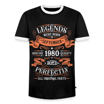 September 1980 - Männer Kontrast-T-Shirt - Schwarz/Weiß - Vorne - AI Model Female 172 light (172cm) & AI Model Male 178 light (178cm)