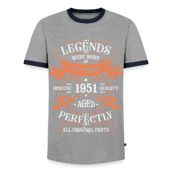 September 1951 Geschenk "Jahre der Exzellenz" - Männer Kontrast-T-Shirt - Grau/Navy  - Vorne - AI Model Female 172 light (172cm) & AI Model Male 178 light (178cm)