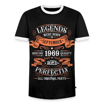 52nd Anniversary September 1969 Gift Idea - Men's Ringer Shirt - black/white - Front - AI Model Female 172 light (172cm) & AI Model Male 178 light (178cm)