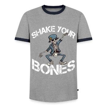 Shake your Bones Skelett Spruch Lusitg - Männer Kontrast-T-Shirt - Grau/Navy  - Vorne - AI Model Female 172 light (172cm) & AI Model Male 178 light (178cm)