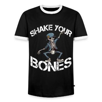 Shake your Bones skeleton saying Lusitg - Men's Ringer Shirt - black/white - Front - AI Model Female 172 light (172cm) & AI Model Male 178 light (178cm)