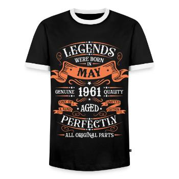 Anniversary vintage made in May 1961 - Men's Ringer Shirt - black/white - Front - AI Model Female 172 light (172cm) & AI Model Male 178 light (178cm)