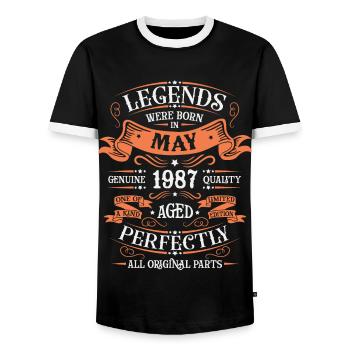 Born May 1987 - Men's Ringer Shirt - black/white - Front - AI Model Female 172 light (172cm) & AI Model Male 178 light (178cm)