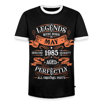 Vintage Flourish Birthday Gift May 1985 - Men's Ringer Shirt - black/white - Front - AI Model Female 172 light (172cm) & AI Model Male 178 light (178cm)