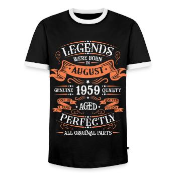 August 1959 Jubiläum 1959 Legenden August - Männer Kontrast-T-Shirt - Schwarz/Weiß - Vorne - AI Model Female 172 light (172cm) & AI Model Male 178 light (178cm)