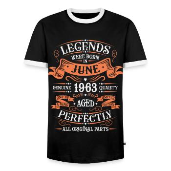 June 1963. Birthday present June 1963. June. - Men's Ringer Shirt - black/white - Front - AI Model Female 172 light (172cm) & AI Model Male 178 light (178cm)