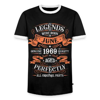 1969 June Limited Edition 54th Birthday Outfit - Men's Ringer Shirt - black/white - Front - AI Model Female 172 light (172cm) & AI Model Male 178 light (178cm)