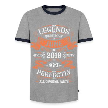 Born in June 2019 - Men's Ringer Shirt - grey/navy  - Front - AI Model Female 172 light (172cm) & AI Model Male 178 light (178cm)