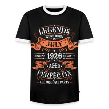 Born in July 1926 - Men's Ringer Shirt - black/white - Front - AI Model Female 172 light (172cm) & AI Model Male 178 light (178cm)