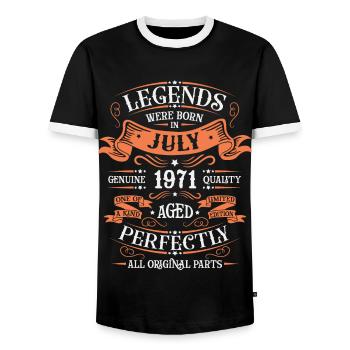 Born in July 1971 - Men's Ringer Shirt - black/white - Front - AI Model Female 172 light (172cm) & AI Model Male 178 light (178cm)