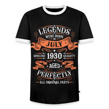 Legendary since July 1930 - Men's Ringer Shirt - black/white - Front - AI Model Female 172 light (172cm) & AI Model Male 178 light (178cm)