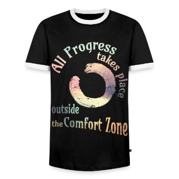 All progress takes place outside the comfort zone - Männer Kontrast-T-Shirt - Schwarz/Weiß - Vorne - AI Model Female 172 light (172cm) & AI Model Male 178 light (178cm)