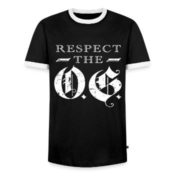 Respect The OG Original Gangsta Calligraphy - Men's Ringer Shirt - black/white - Front - AI Model Female 172 light (172cm) & AI Model Male 178 light (178cm)