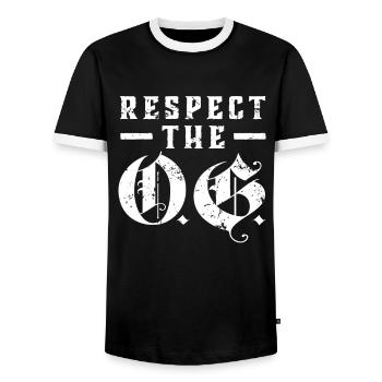 Respect The OG Original Gangsta Calligraphy - Men's Ringer Shirt - black/white - Front - AI Model Female 172 light (172cm) & AI Model Male 178 light (178cm)