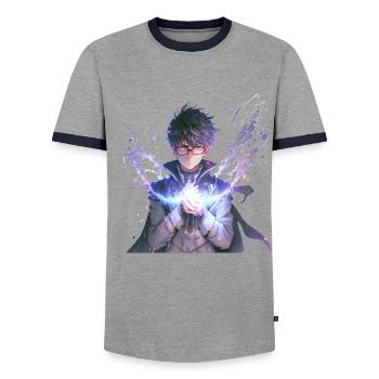 Sorcerer's Apprentice Fire Mage - Men's Ringer Shirt - grey/navy  - Front - AI Model Female 172 light (172cm) & AI Model Male 178 light (178cm)