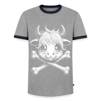 Chemise de bande dessinée en cuir de veau tête de mort pour les fans de dessins animés - T-shirt contrasté Homme - gris/marine  - Devant - AI Model Female 172 light (172cm) & AI Model Male 178 light (178cm)