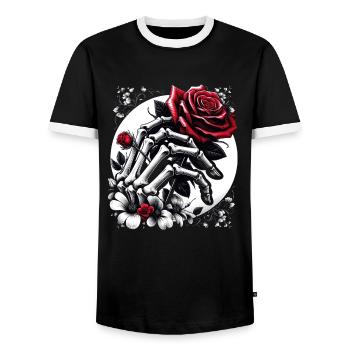 Gothic Rote Rose in Skeletons Umarmung - Männer Kontrast-T-Shirt - Schwarz/Weiß - Vorne - AI Model Female 172 light (172cm) & AI Model Male 178 light (178cm)