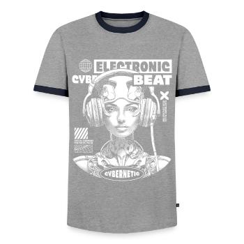 DJ T-Shirt – Futuristic Woman & Headphones! - Men's Ringer Shirt - grey/navy  - Front - AI Model Female 172 light (172cm) & AI Model Male 178 light (178cm)